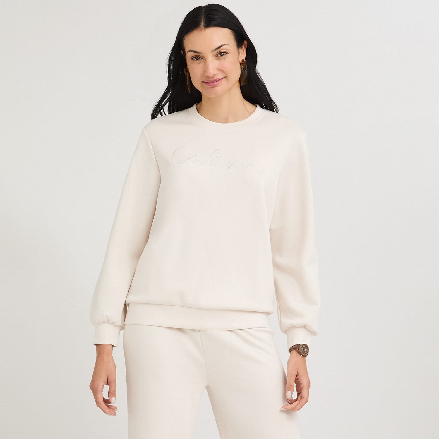 Polerón Algodón Escote Redondo Bordado Beige